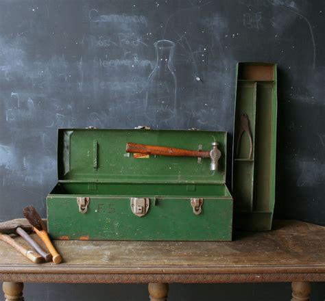 vintage metal military tool box with leather habdle|Vintage Tool Box Leather Handle for sale .